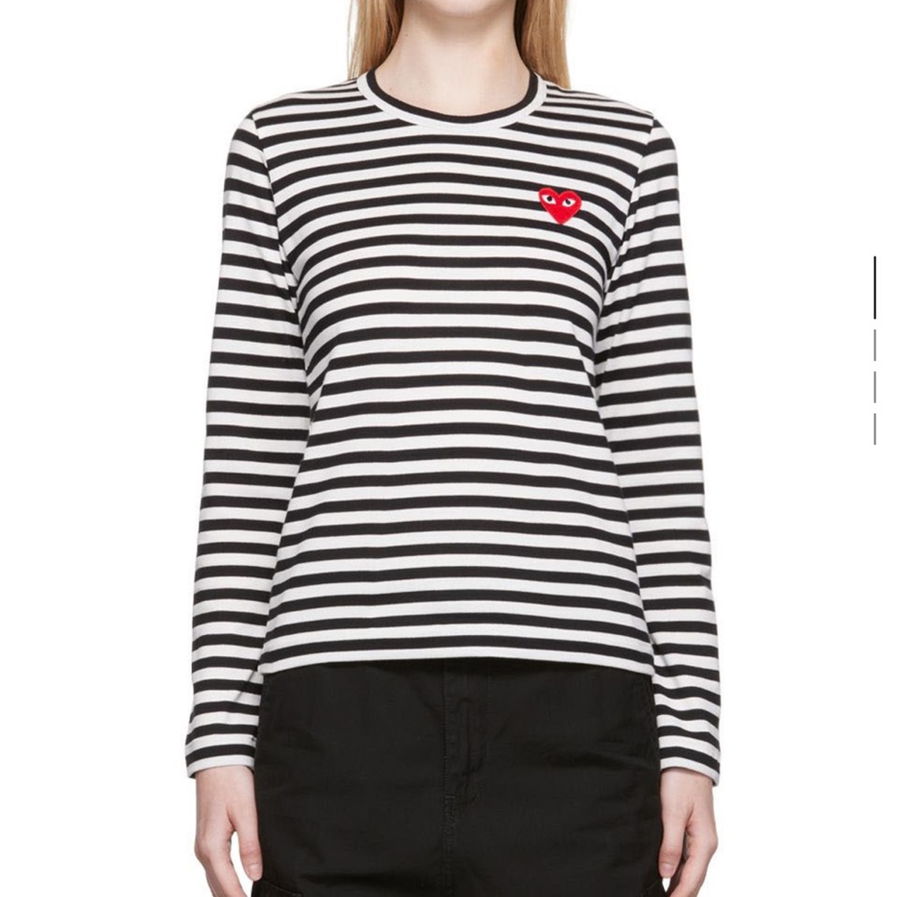 Comme des Garcons Black and White Heart Patch Long Sleeve T-Shirt